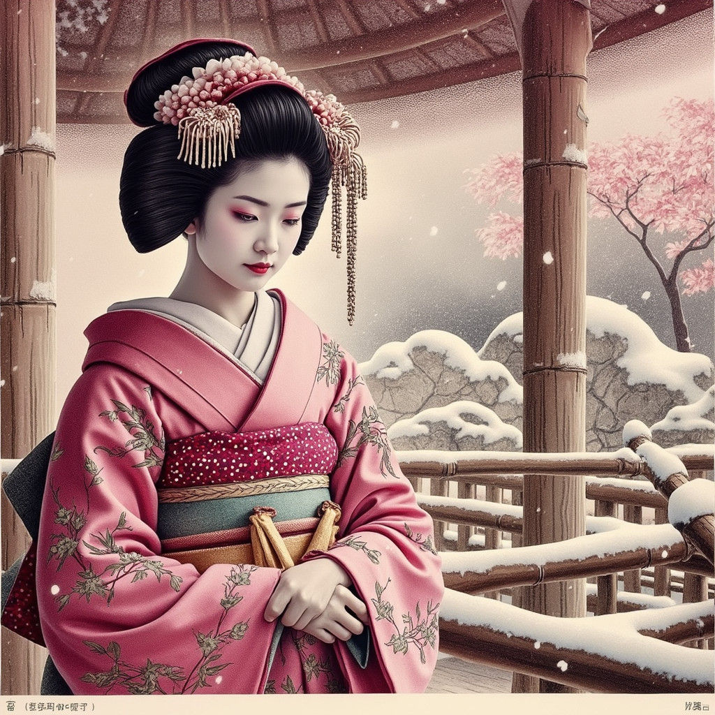 Geisha in Snow: Ukiyo-e Style Japanese Lithograph