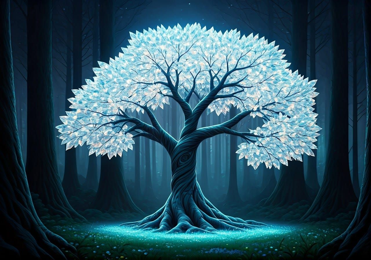 Majestic Crystal Tree in Ethereal Moonlight