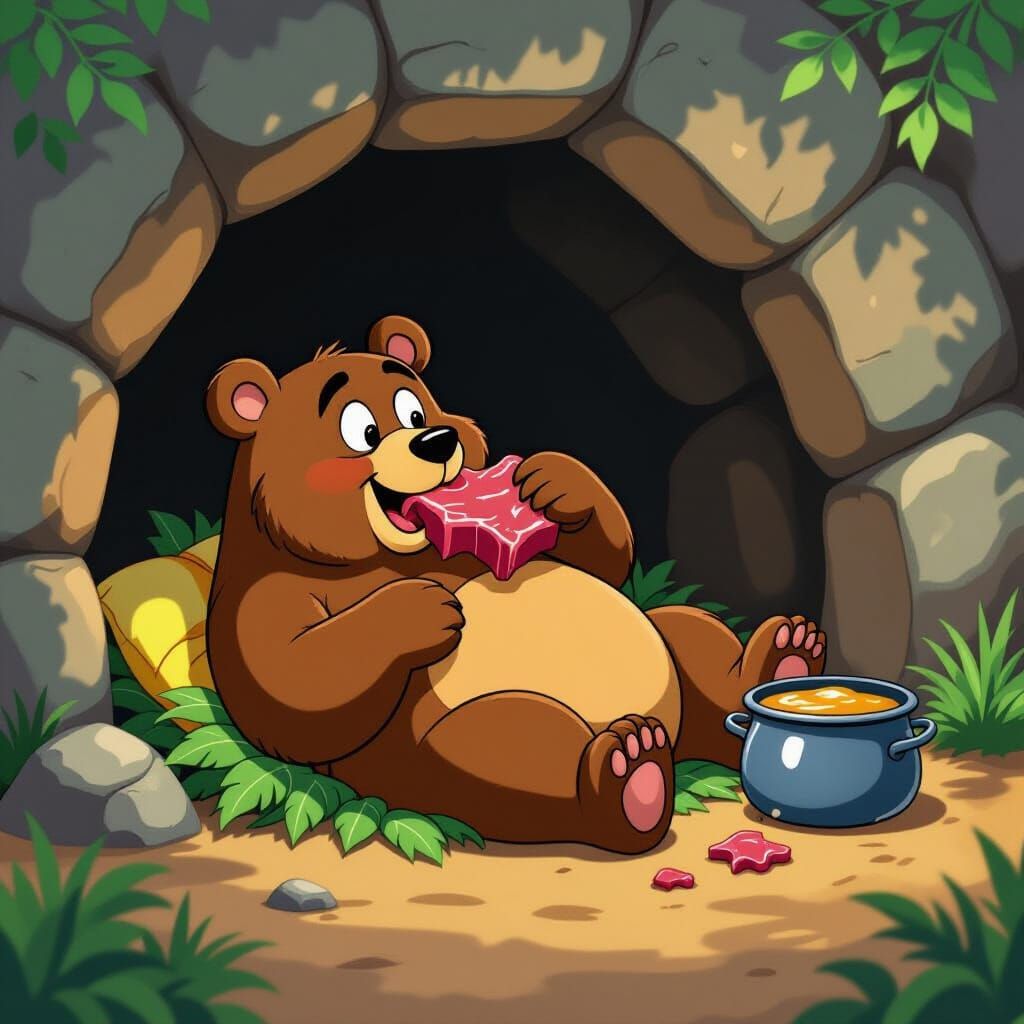 Cartoon Bear Enjoys Meat and Honey in Cozy Cave