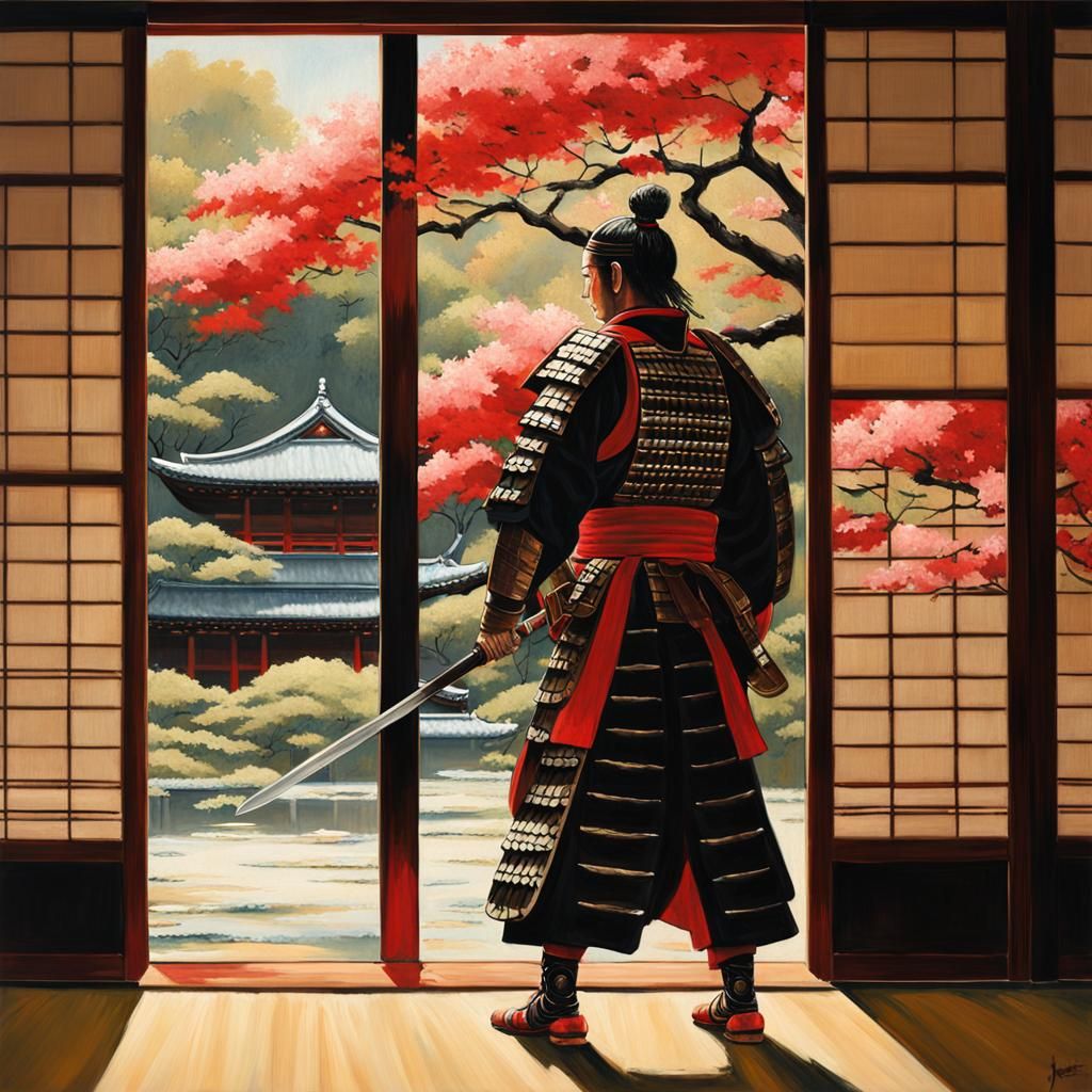 Samurai in Garden: Traditional Japanese Oil Painting