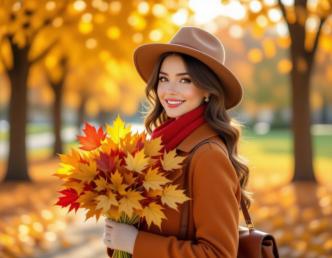 Retro Woman with Maple Leaves in Autumn Park