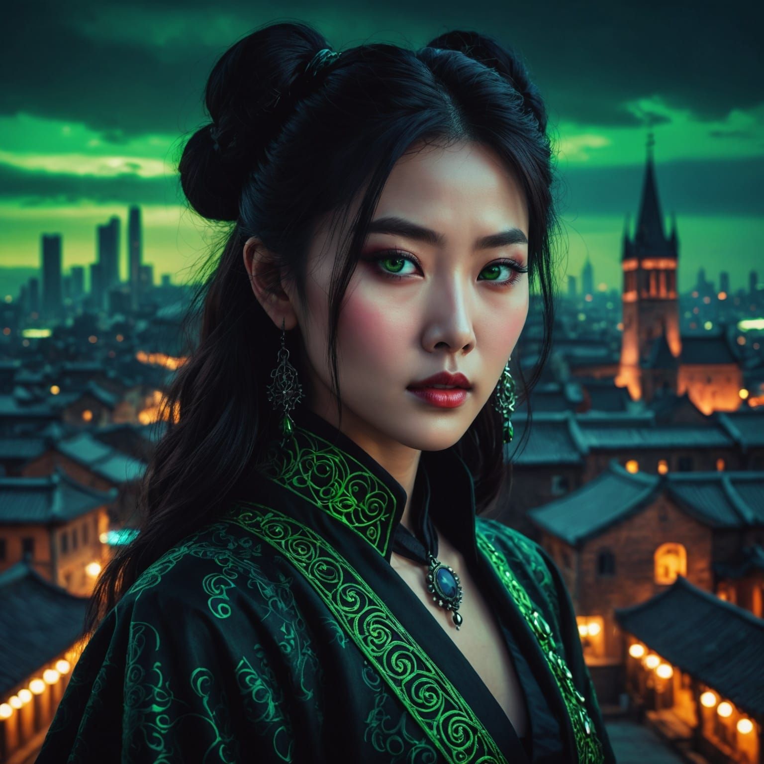 A captivating dark fantasy portrait of a strikingly beautiful Korean woman Her striking green eyes pierce the darkness, ...