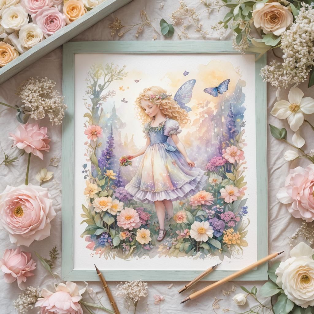 Enchanting Girl in Floral Garden, Watercolor Style