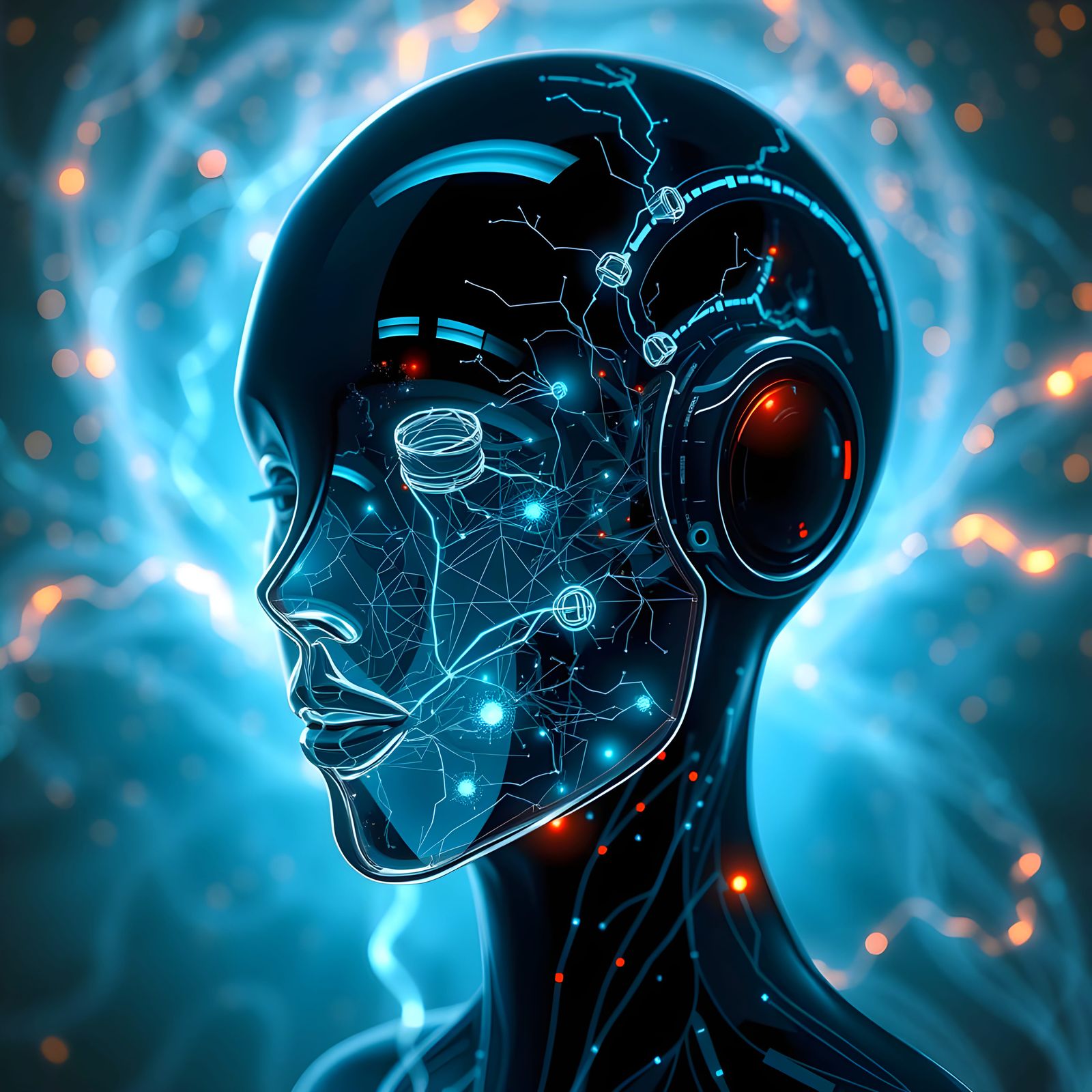 Cybernetic Android Head in Neon Dreamscape