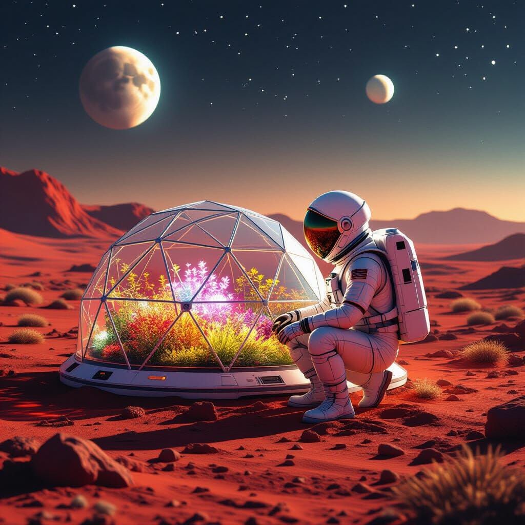 Astronaut Tends Glowing Martian Garden in Geodesic Dome