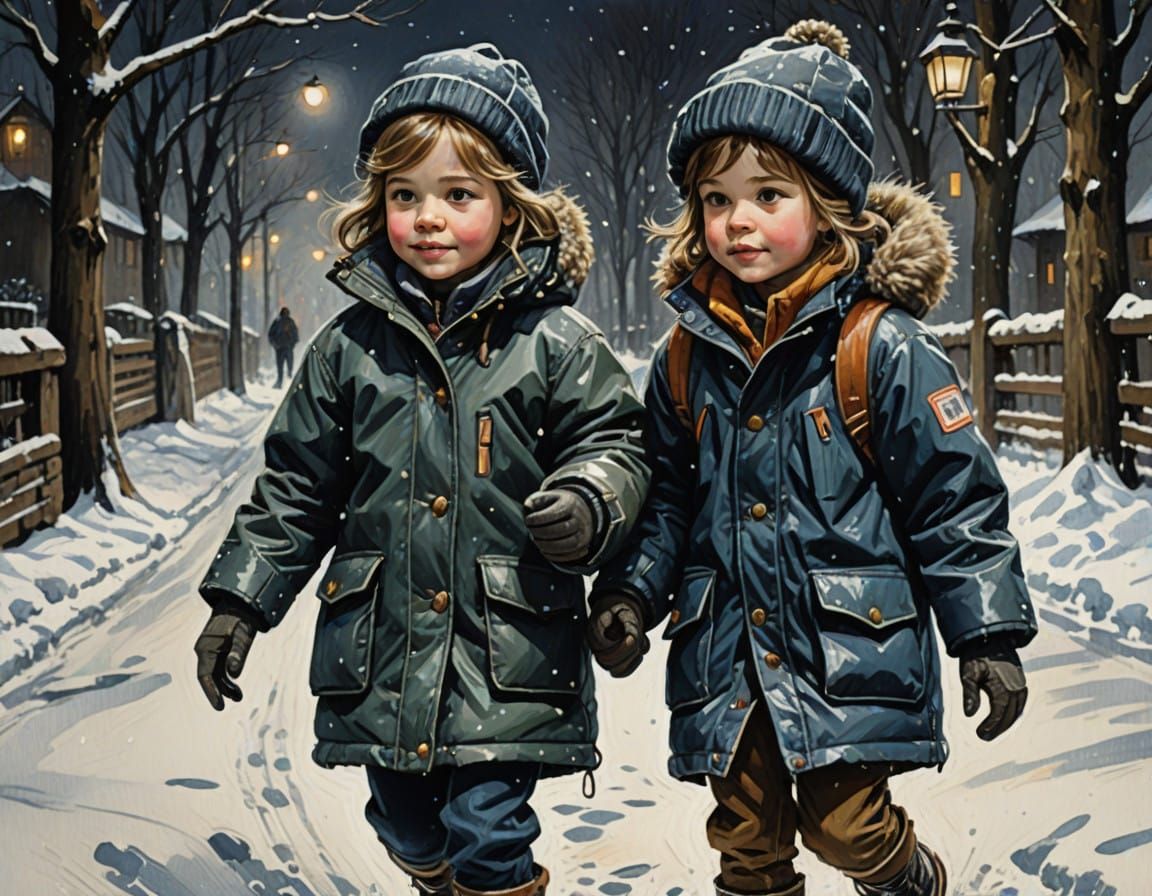 Children Playing in Snowy Scene, Romantic Oil Painting