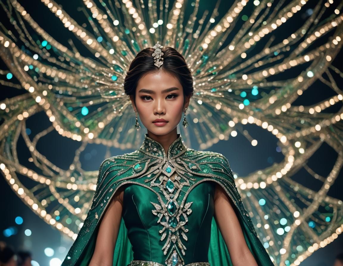 Thai Supermodel on Catwalk in Emerald and Diamond