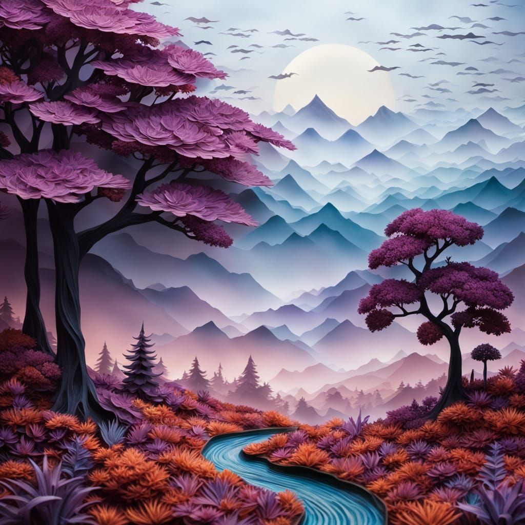 Kirigami Fantasy Landscape with Violet Mist