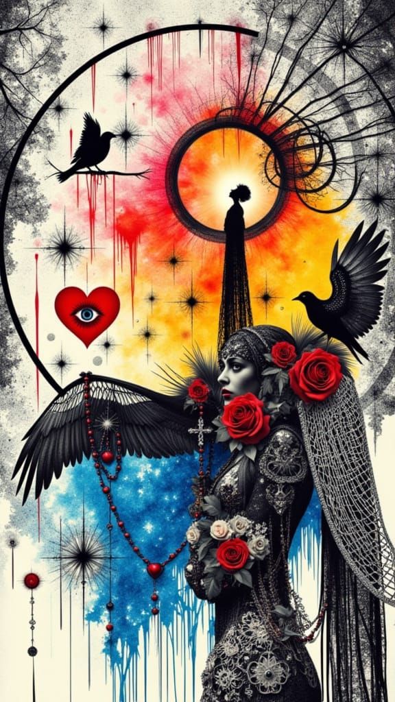Gothic Woman with Flaming Heart in Dada Collage