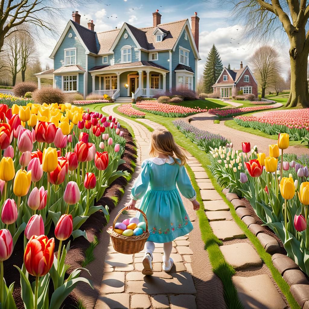 Girl with Easter Basket on Tulip Path