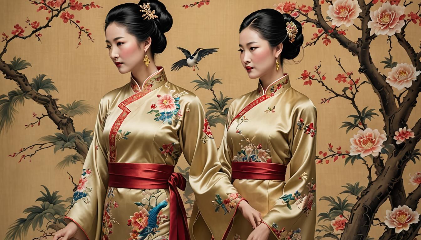 Elegant Woman in Qipao with Silk Embroidery