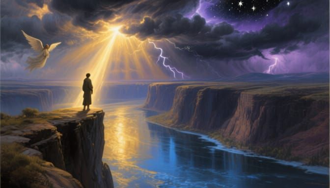 Celestial Event Over Precipice: Solitary Figure and River