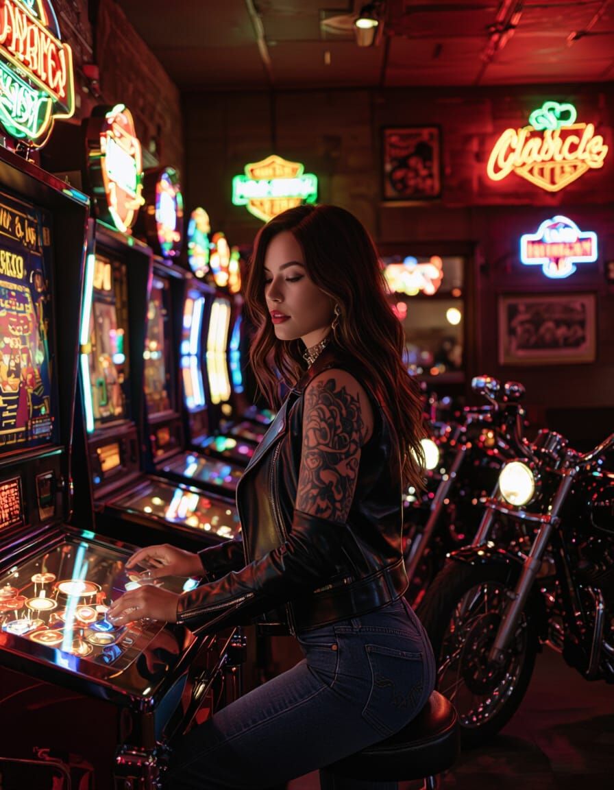 Tattooed Biker Woman Plays Pinball in Neon Bar