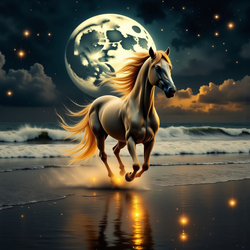 Moonlit Chase Through Surreal Beach Landscape