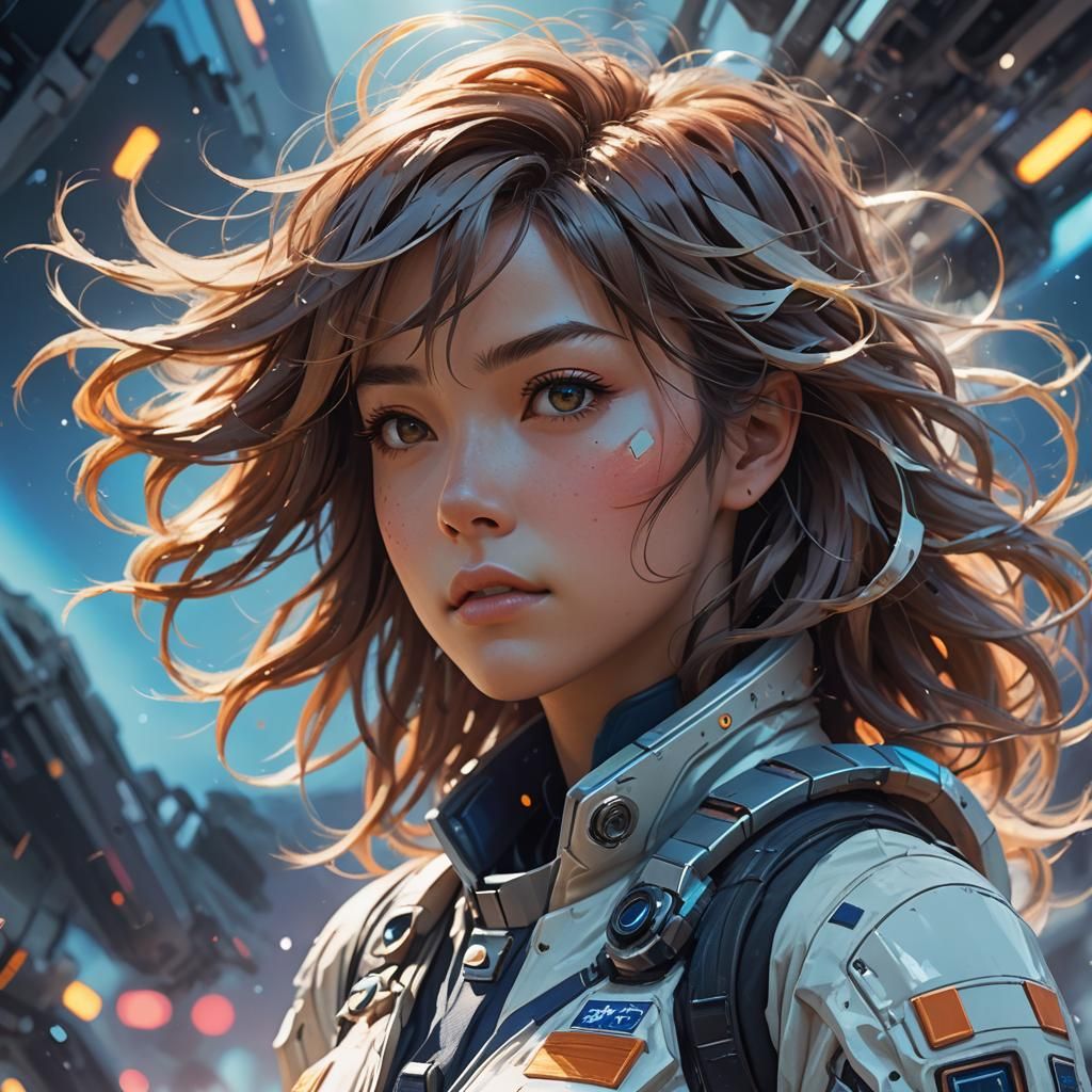 Astronaut Woman in Windstorm: Anime-Inspired 3D Portrait