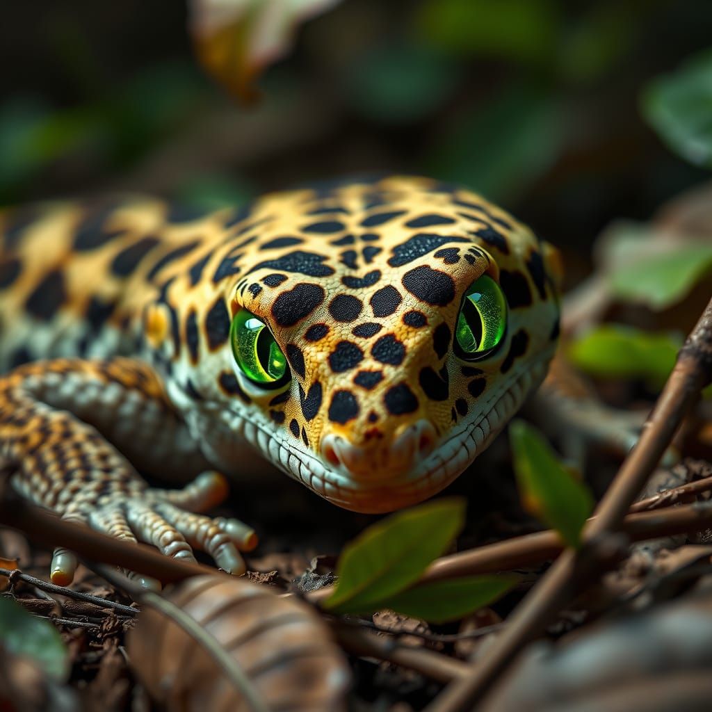 Hyper-Realistic Leopard Gecko in Dreamlike Forest Scene