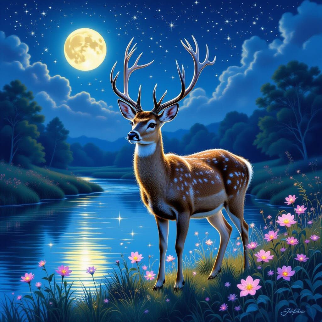 Moonlit Doe by River in Dreamy Landscape