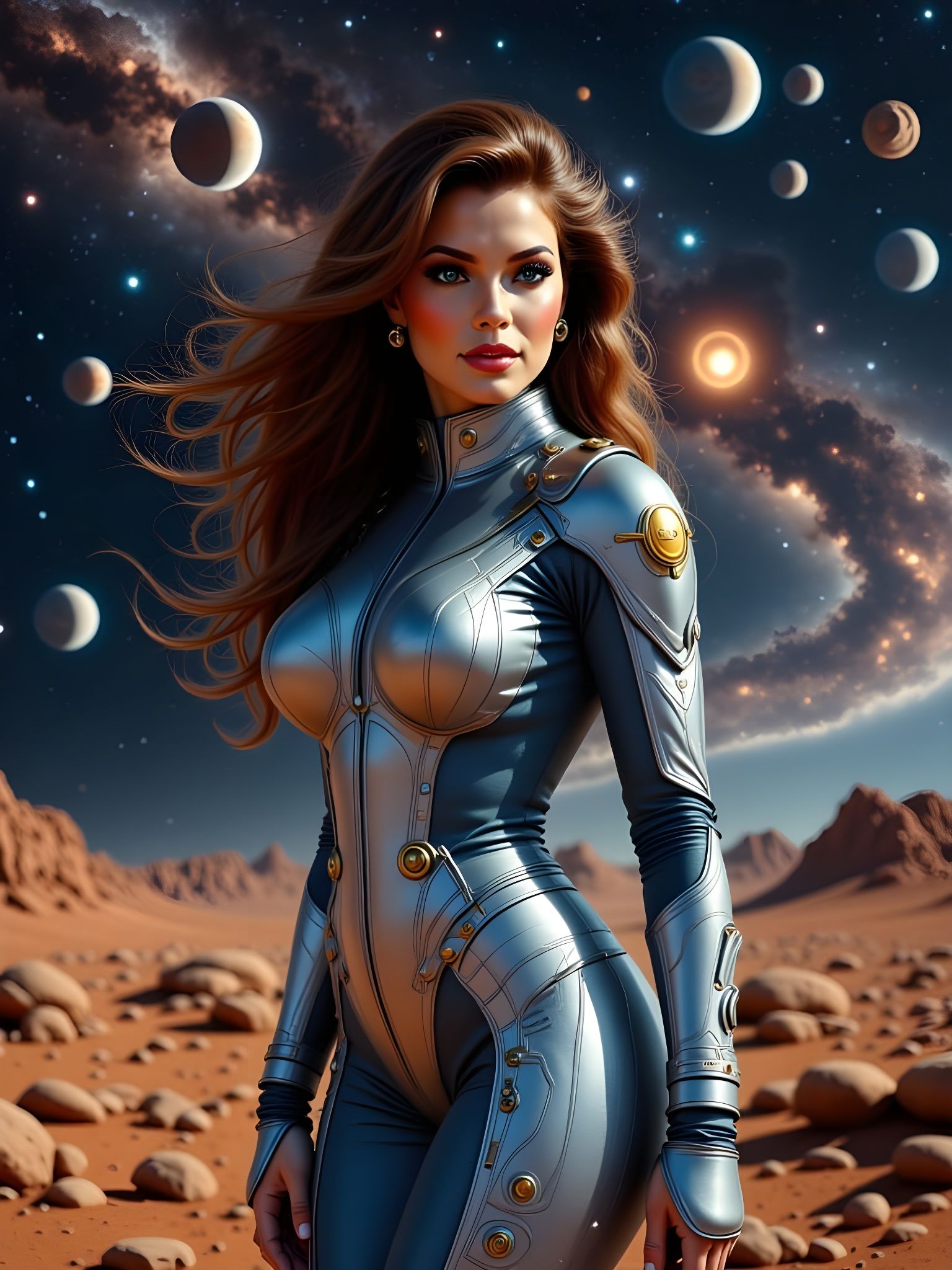 Space Commander on Alien Planet in Black and White