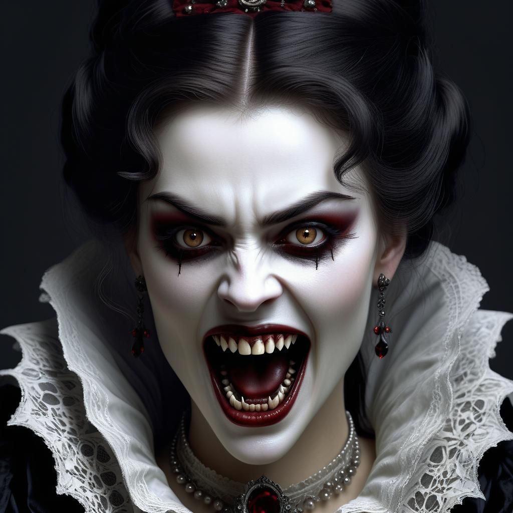 Victorian Vampire Woman with Fangs: Photorealistic Portrait