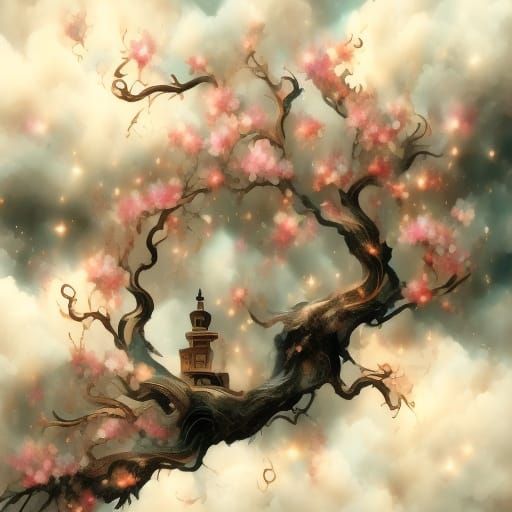 Whimsical Cherry Blossom Fantasy in Watercolor Style