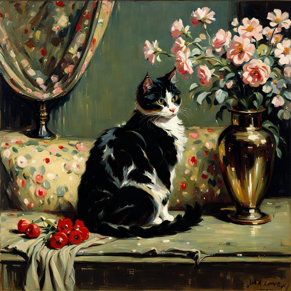 Cute Cat Surrounded by Flowers in Impressionist Style