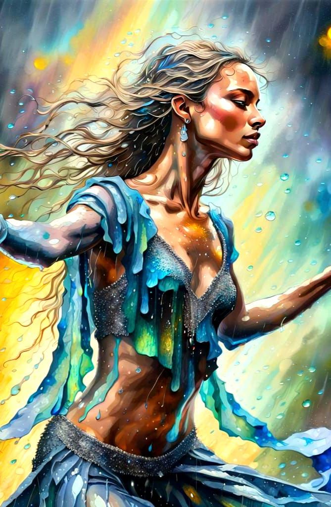Dancer in Labradorite Rain: Vibrant Fantasy Art