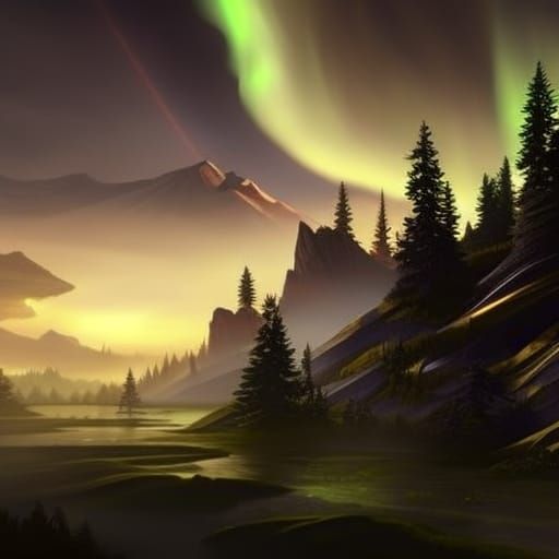 Dark Fantasy Landscape with Northern Lights