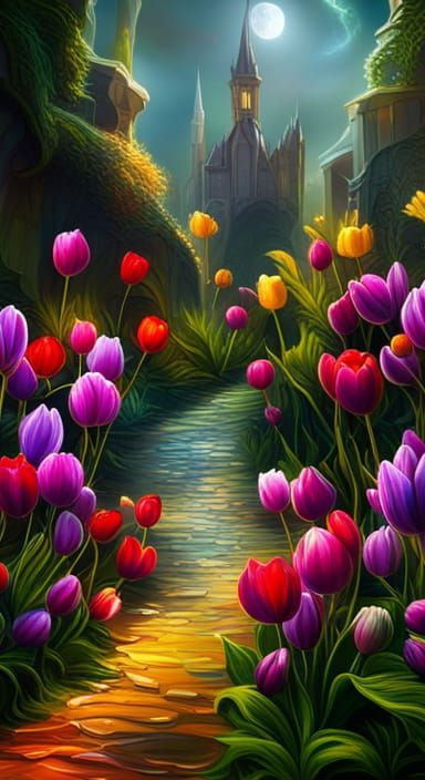 Colorful Tulips in Detailed Matte Fantasy Art