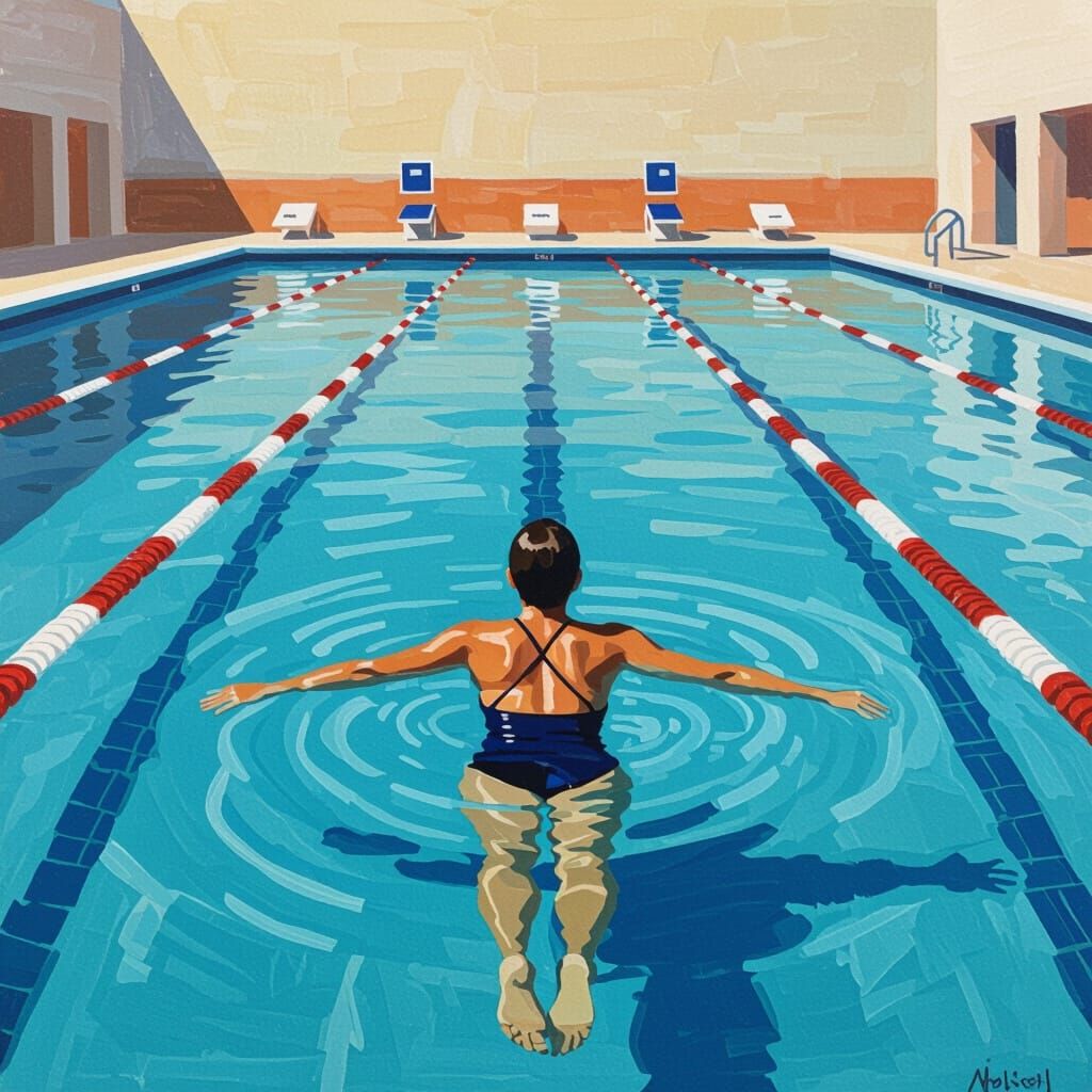 Lone Swimmer in Pool, Pop Art Painting Style