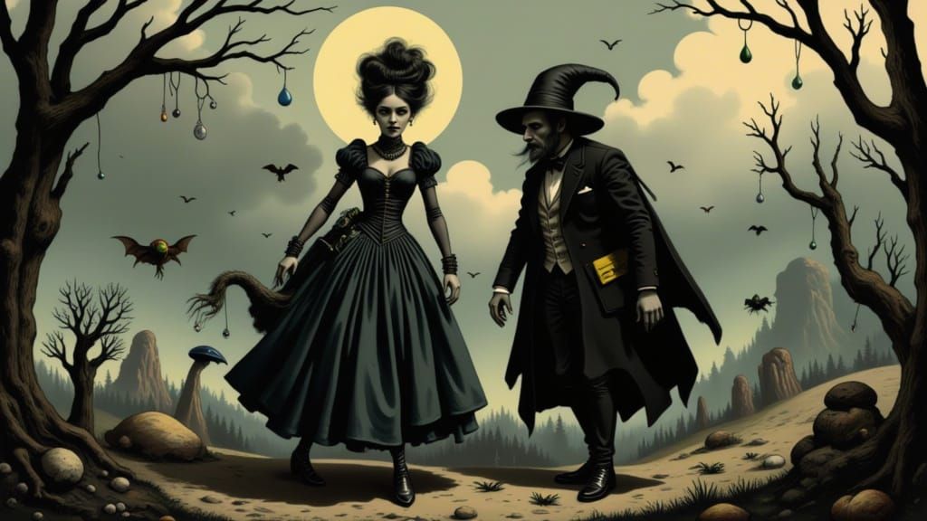 Gothic Miss Poison and Mister Salamander in Dark Landscape