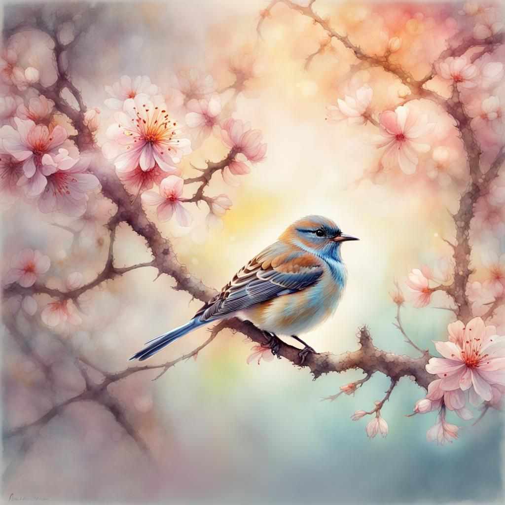 Bird on Blossom Branch in Watercolor Style