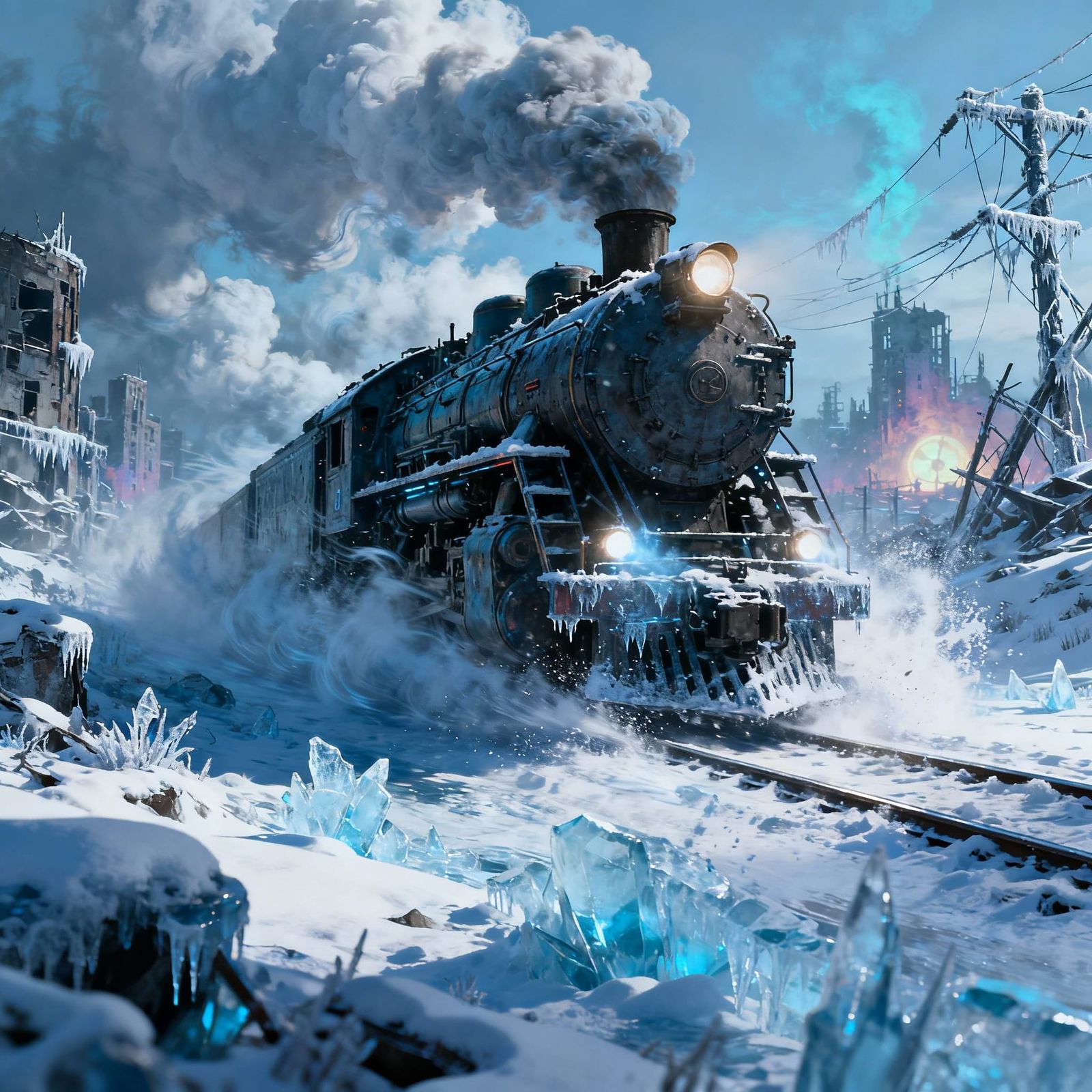 Futuristic Train in Frozen Post-Nuclear Winter Landscape