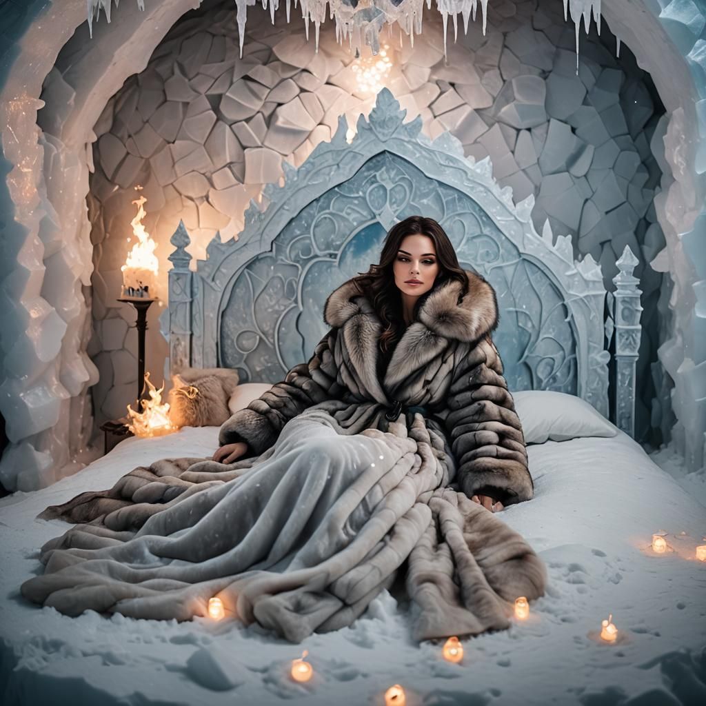Ice Palace Bedroom: Brunette in Fur Coat