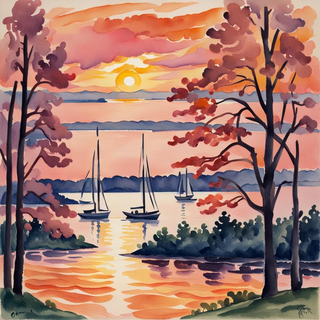 St. Lawrence River Sunset in Watercolor Style
