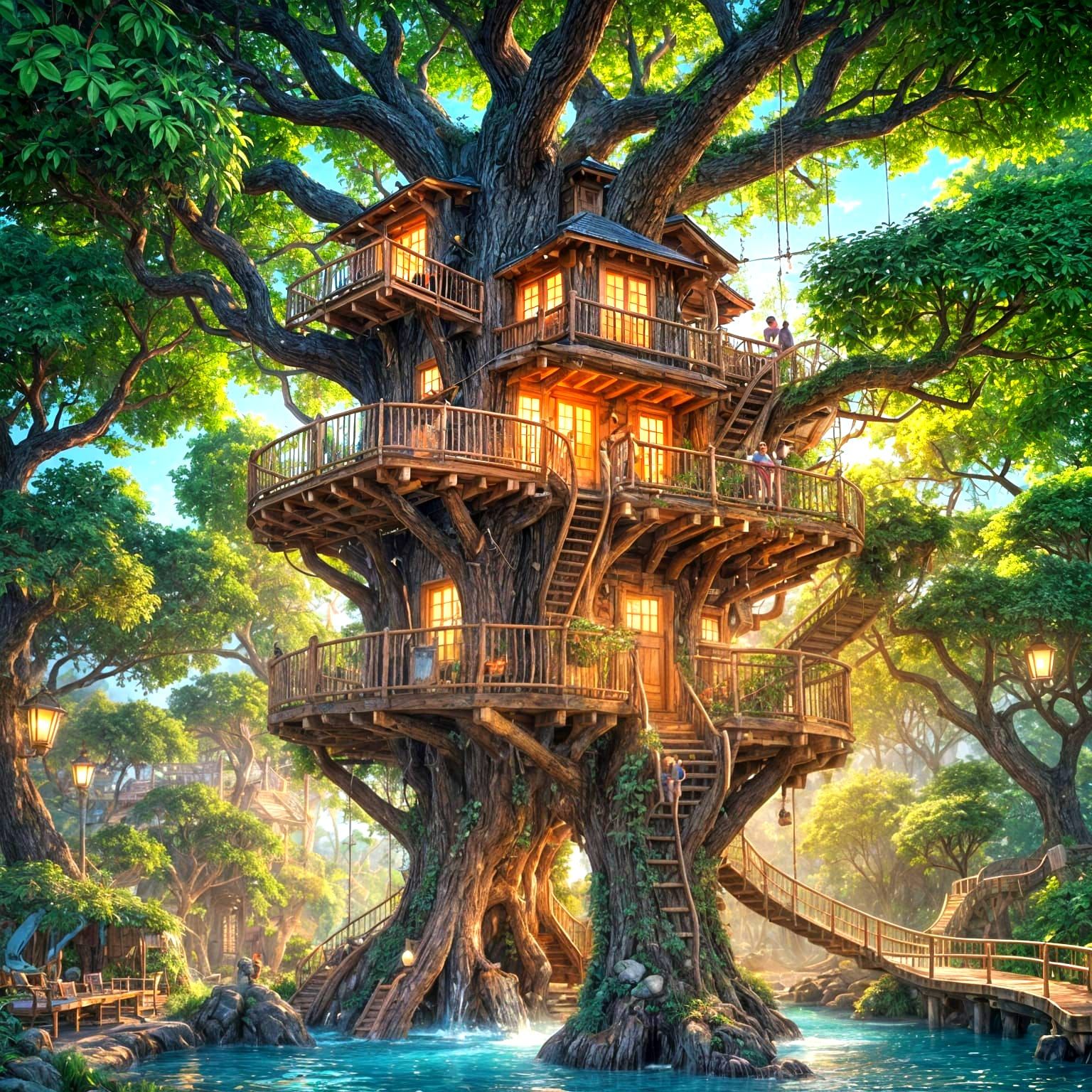 Anime Style Treehouse with Waterslide, 3D Render