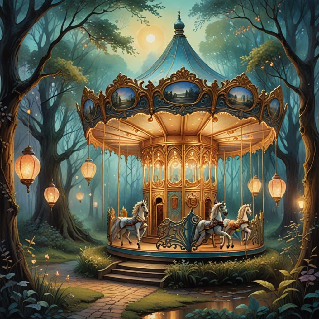 Whimsical Fantasy Carousel in Mystical Forest