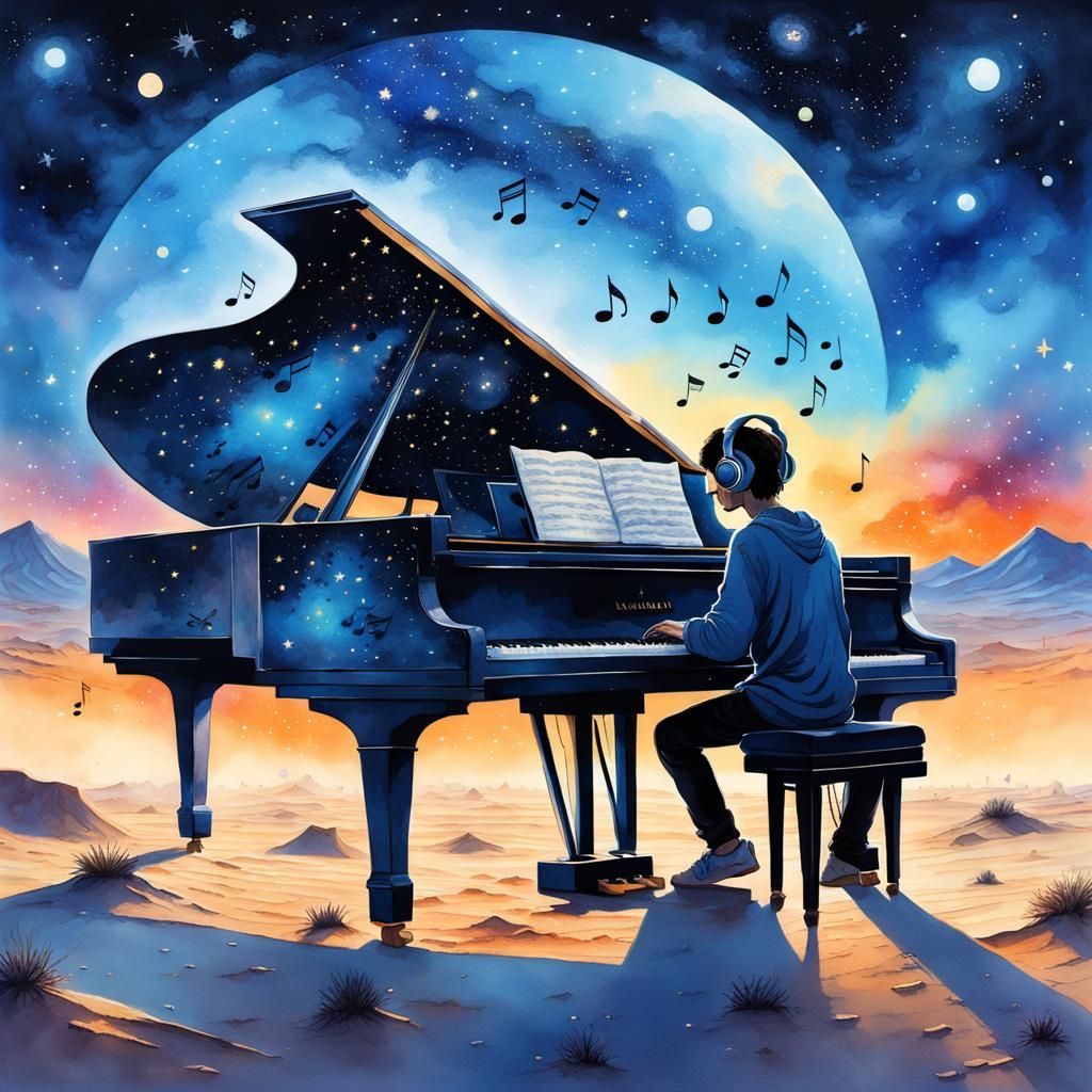 Boy's Desert Piano Dream: Watercolor Galaxy Art
