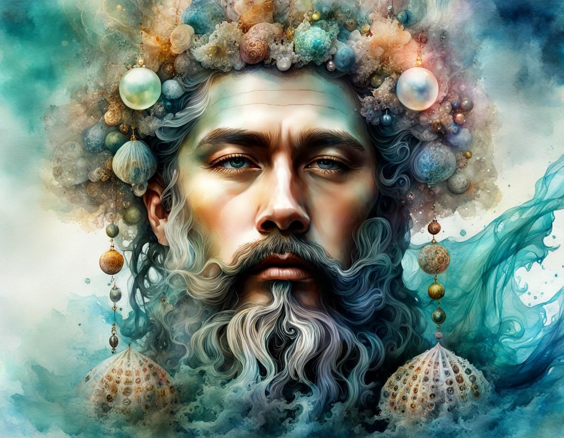 Poseidon Portrait in Digital Watercolor Style