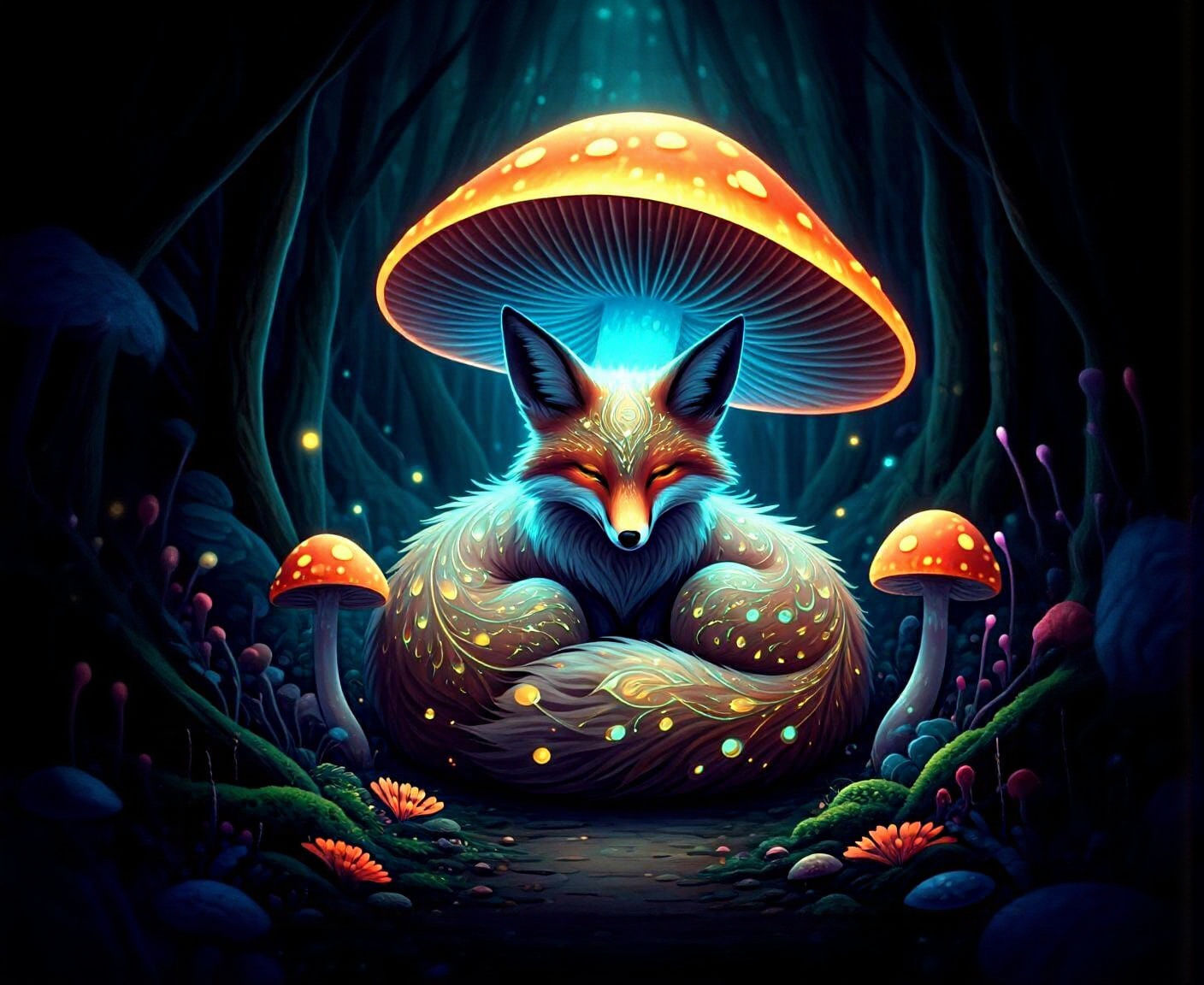 Bioluminescent Fox on Giant Mushroom in Fantastical Forest