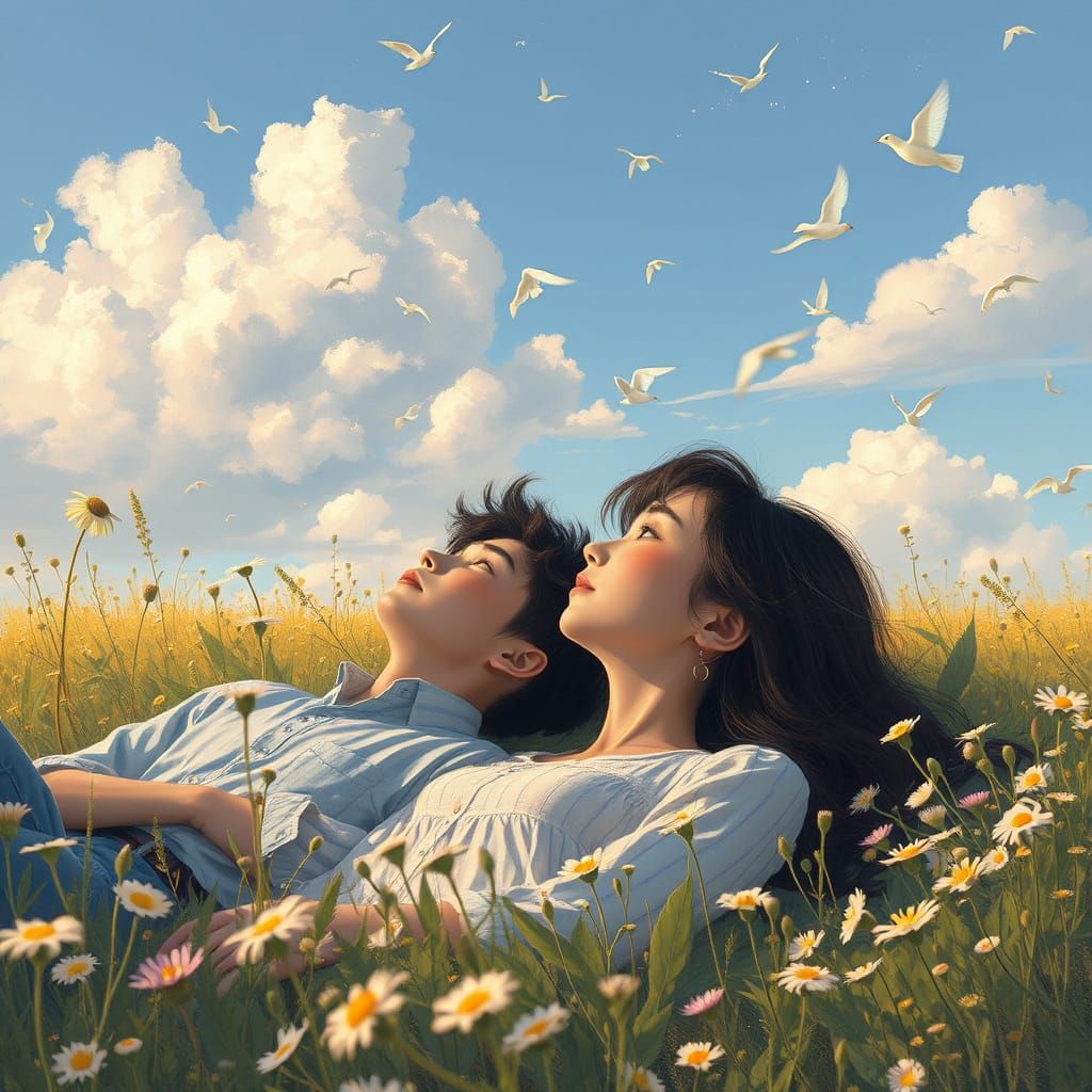 Japanese Couple in Wildflower Field, Impressionist Style