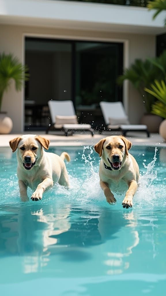 Labradors Enjoying a Modern Pool: A Digital Rendering