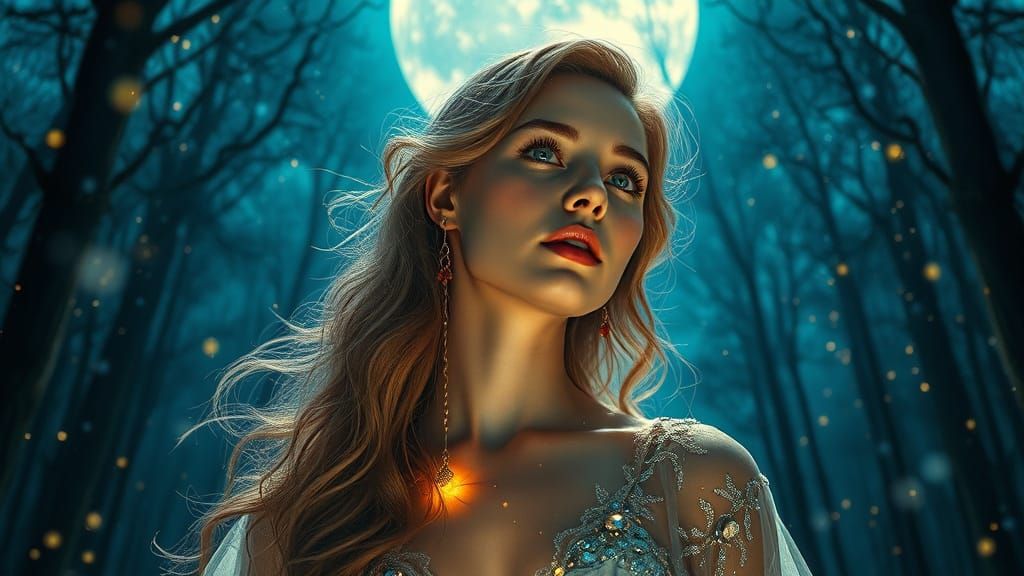 Ethereal Model in Enchanted Moonlight Forest
