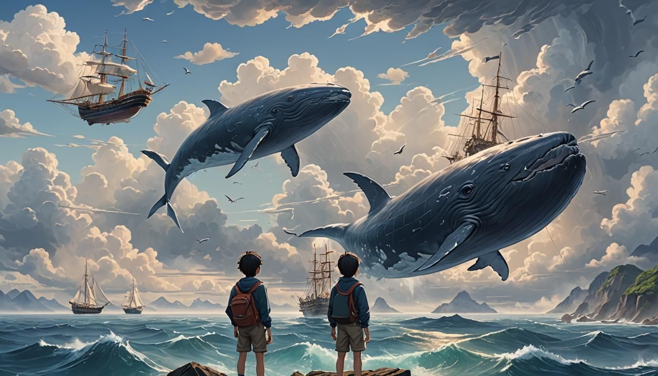 Boy Watches Sky Whales in Anime Style