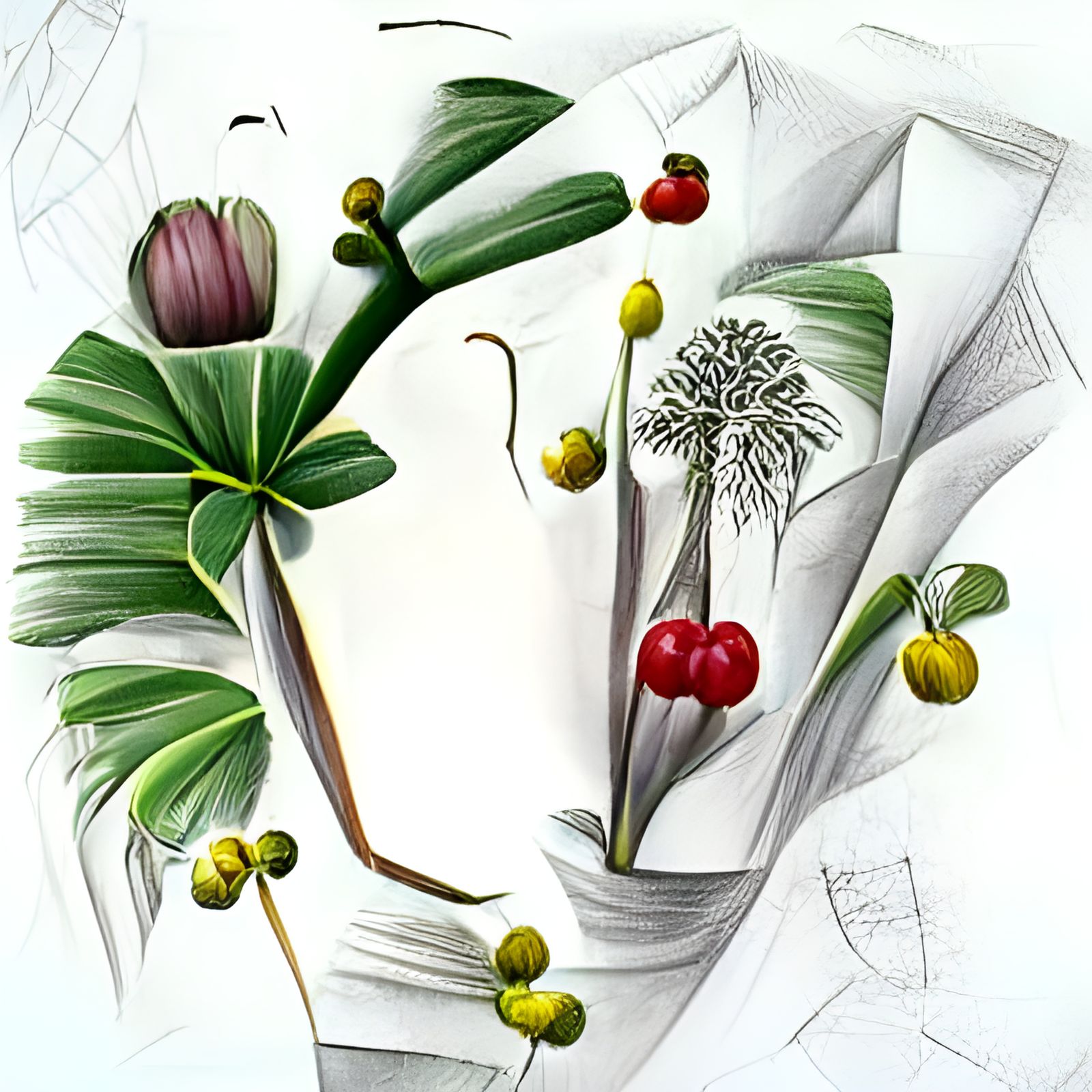 Detailed Botanical Illustration of Flowering Plants