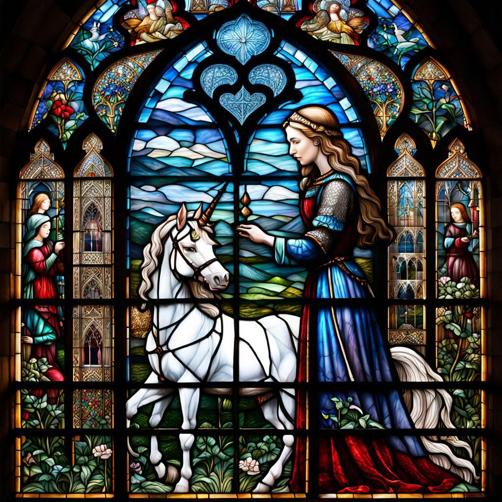 Medieval Woman and Unicorn in Stained Glass Art