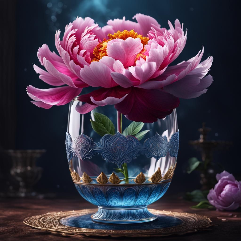 Peony in Glass Cup: Detailed Matte Painting
