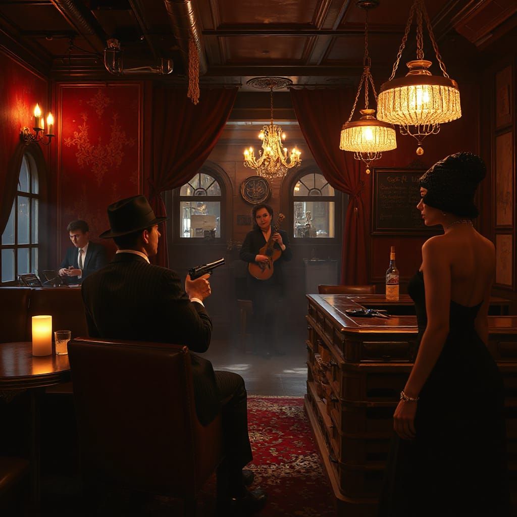 1920s Mob Boss in Film Noir Style Speakeasy