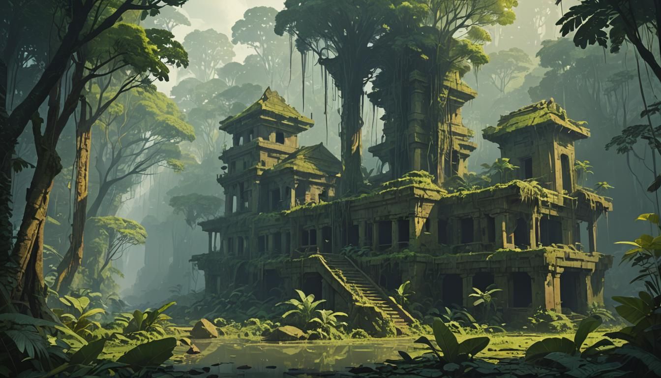 Ghanaian Fort Batenstein Ruins in Rainforest, Digital Art