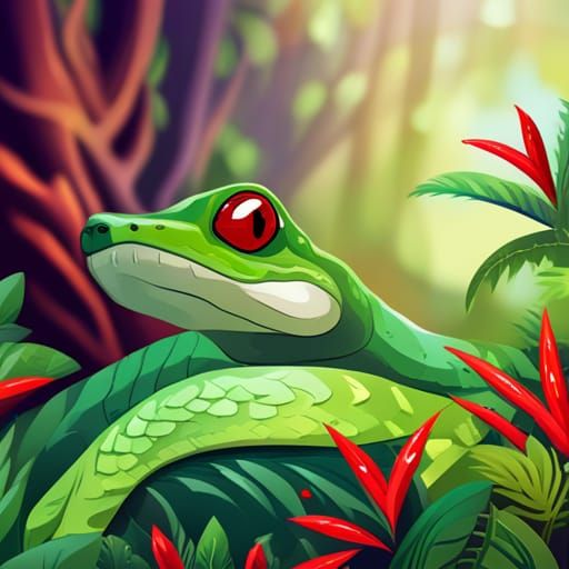 Green Snake with Red Eyes in Jungle