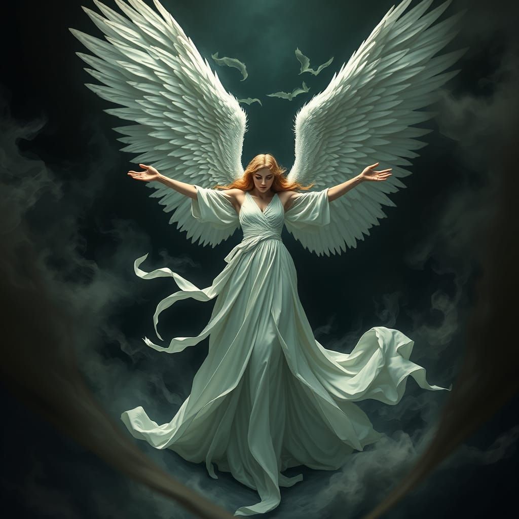 A dramatic image of an angel with large, majestic wings, wea...